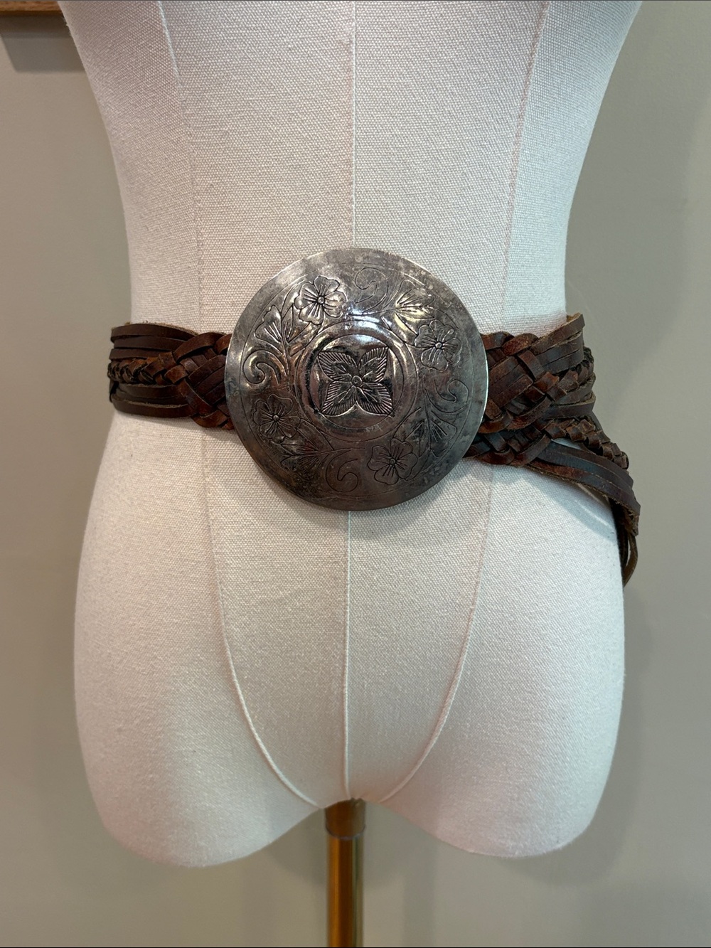 Vintage Braided Leather Belt with Large Metal Medallion Buckle Made in India SM